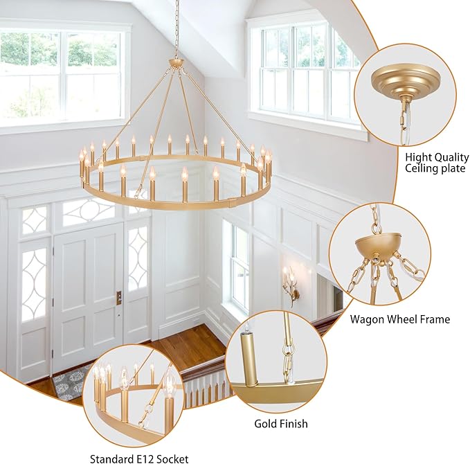 Gold Wagon Wheel Chandelier 48-Inch 24-Light, Extra Large Round Rustic Farmhouse Chandeliers for Outdoor Porch high Ceilings Dining Room Living Room Foyer Entryway