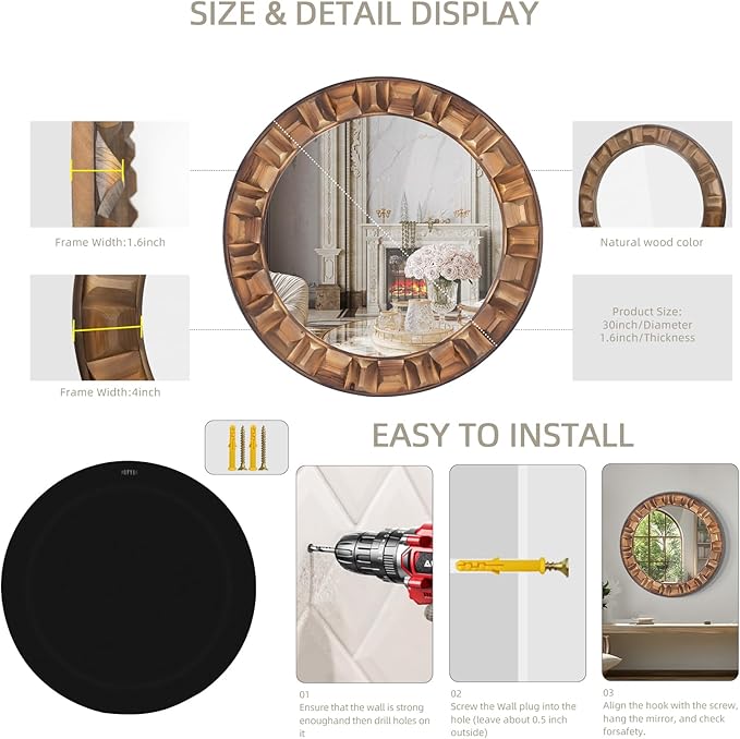 30 Inch Dark Solid Wood Round Wall Mirror, Brown Wooden Decorative Circle Mirror for Bathroom, Bedroom, Living Room, Entryway, Hallway, or Foyer