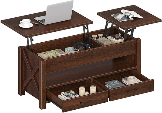Seventable Coffee Table, 39.3" Lift Top Coffee Table with 2 Storage Drawers and Hidden Compartment, Farmhouse Center Table with Wooden Lift Tabletop, for Living Room,Espresso