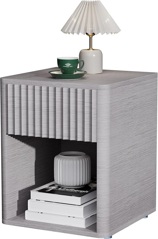 VICITON Fluted Narrow Night Stand,Thin Nightstand with Leather Surface, Small End Table with Storage, Living Room/Bed Side Table for Small Spaces (Light Gray, Large)