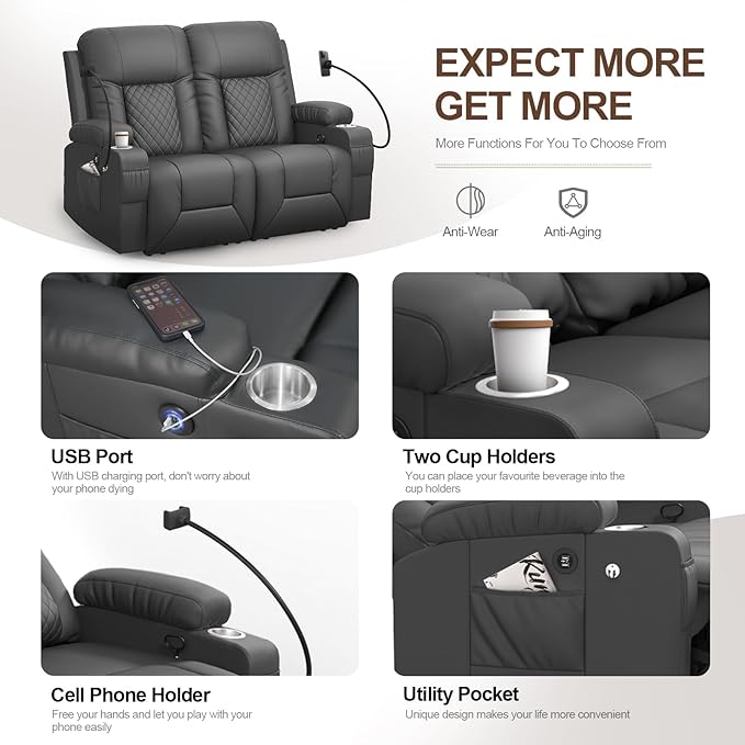 FURNIMAT Loveseat Recliner Sofa Set with 2+1+1 Pieces in Living Room, 2 Seater Reclining Loveseat Leather, 2 Recliner Chairs with 360 Degree Swivel Single Sofa Seat