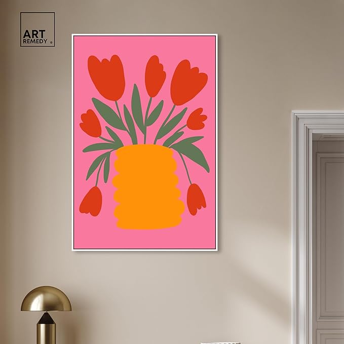 Art Remedy Bright Romantic Tulips Canvas Boho Colorful Wall Art, White Frame, 30" x 45"