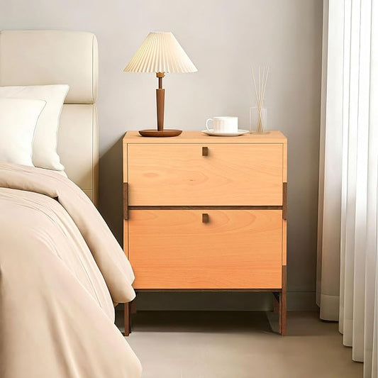 23" Night Stand, Easy Assembly Bedside Table with 2 Storage Drawers, Mid-Century Style Wood End Table for Bedroom, Dormitory, Beech and Basswood Color Combo (1 pcs)