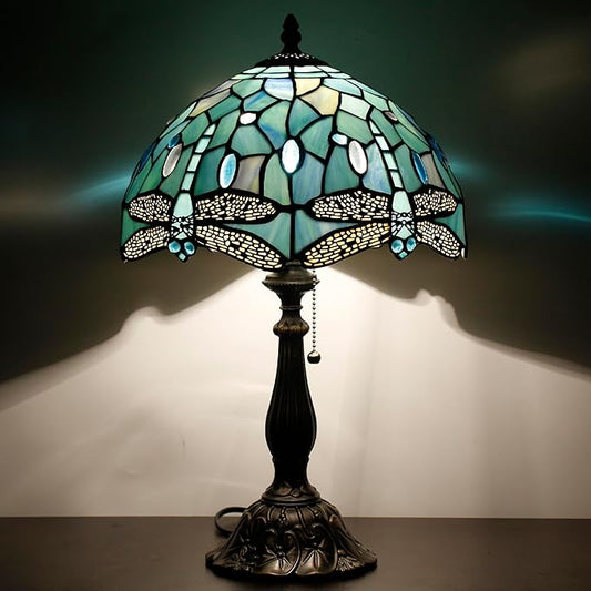 Tiffany Table Lamp Stained Glass Lamp 12X12X19 Inch Antique Reading Light (Sea Blue Dragonfly Style)
