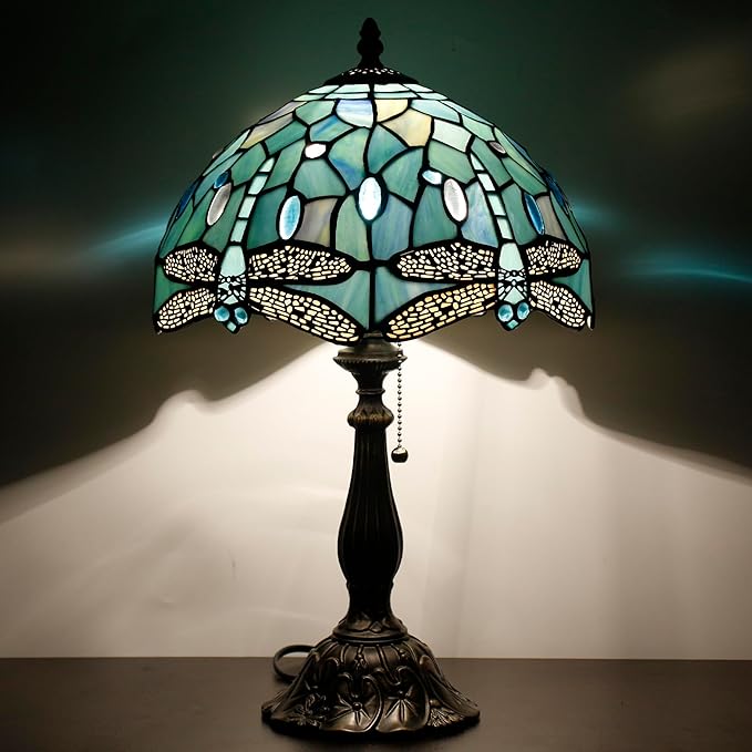 Tiffany Table Lamp Stained Glass Lamp 12X12X19 Inch Antique Reading Light (Sea Blue Dragonfly Style)