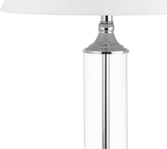 JONATHAN Y 29" Clear/Chrome Glass LED Table Lamp Set of 2, Modern Bedside Nightstand Lamps for Living Room Bedroom Office, White Linen Shade, Transitional Decor JYL4014A-SET2
