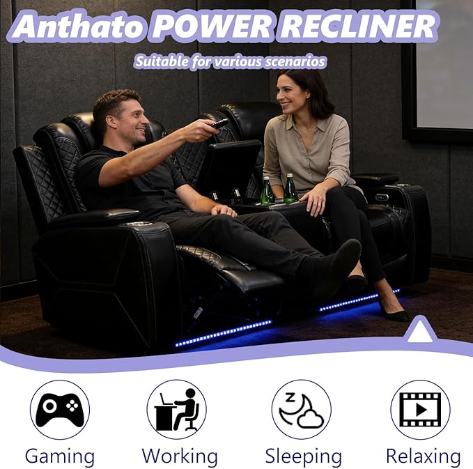 Leather Power Recliner Loveseat with LED Lights, Home Theater Reclining Sofa Loveseat, 2 Seater Reclining Couch with Arm Storage/Cup Holders/USB Port for Living Room/Bedroom/Office