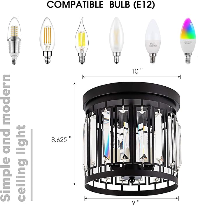 Elegant Crystal Flush Mount Chandelier Light Fixture with K9 Crystal, 3 Light Modern Close to Ceiling Light for Kitchen Hallway Dining Room Living Room E12 Base Black