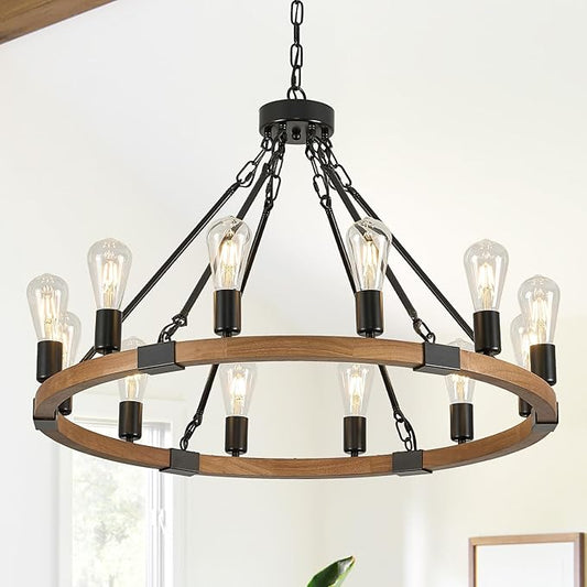 12 Lights Wooden Wagon Wheel Chandeliers Farmhouse 31.5'' Oak Wood Round Chandelier Black Metal Rustic Pendant Light Fixture for Living Dining Room Entryway Foyer Kitchen