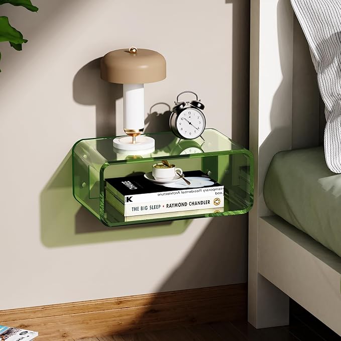 Acrylic Floating Nightstand, Bedside Table, Nightstand Shelf Wall Mounted Bedside Shelf (Green, Small)