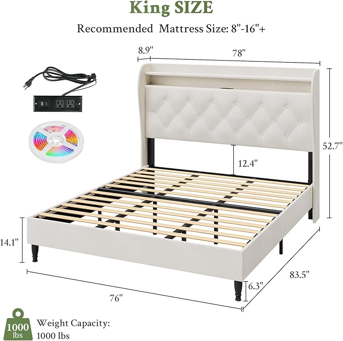 King Size Bed Frame with Tall Headboard, Velvet Upholstered Platform Bed with LED Lights & Charging Station, 52.7"-55" Adjustable/Modern Tufted Wingback Storage Headboard, No Box Spring Needed, Cream
