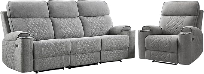 HAOMARKETS 2-Piece Electric Recliner Sofa Set with Charging Port, Include Single Power Reclining Chair and 3-Seater Reclining Sofa for Living Room, Light Grey