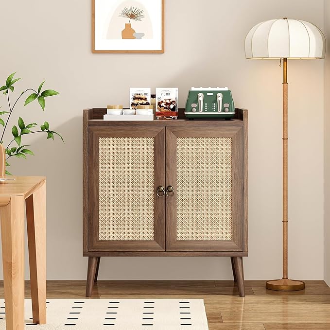 Sideboard Buffet Cabinet with Storage, Rustic Bar Liquor Cabinet with Boho Rattan Decorated Doors, Retro Credenza Console Table for Dining Room Living Room Hallway EntryWay, Vintage