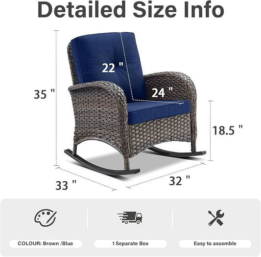 Belord Patio Rocking Chair Wicker Chair, 1 Piece Outdoor Rocking Chair Seating with Cushions for Porch Deck Balcony, Brown/Blue