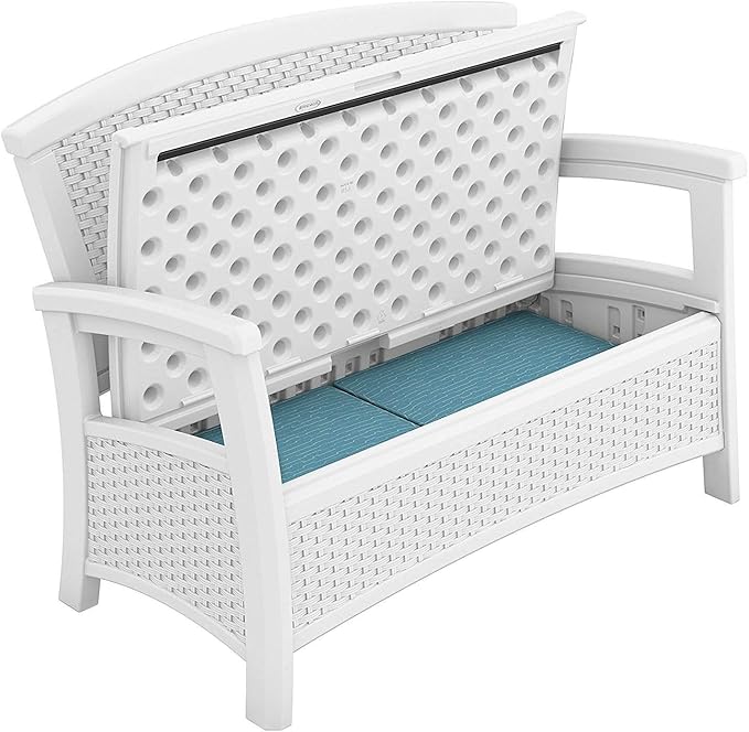 Suncast Elements Stylish Lightweight Loveseat Outdoor Seating with Convenient Built In Universal Storage, and All Weather resin, White