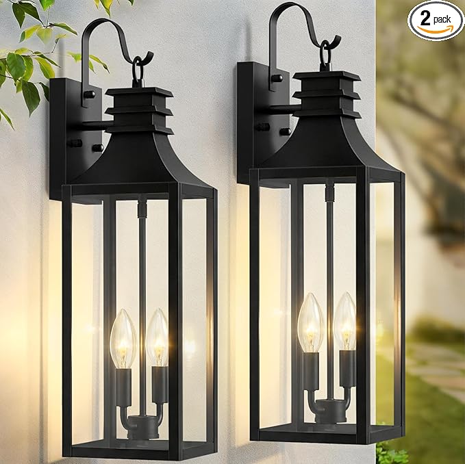 22" Large Outdoor Wall Lights, 2-Pack Black Porch Lights with Clear Glass, Waterproof Exterior Lighting Fixtures, E12 Socket Modern Farmhouse Wall Sconces Lantern for House Garage, Aluminum Frame