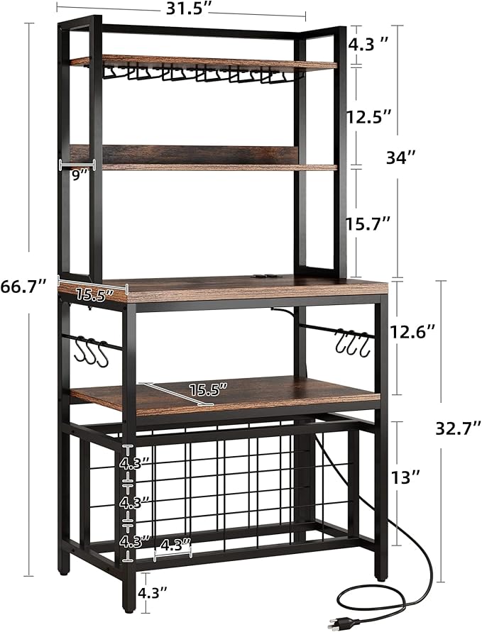 DWVO Large Bakers Rack with Power Outlets and Wine Rack, 5-Tier Microwave Stand with Glasses Holder, Coffee Bar Kitchen Storage Shelf with 6 Hooks, for Kitchen, Living Room, Office, Rustic Brown