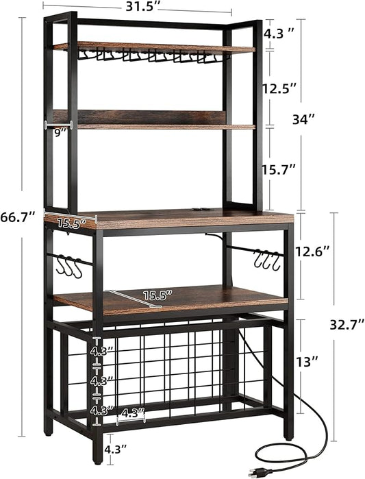 DWVO Large Bakers Rack with Power Outlets and Wine Rack, 5-Tier Microwave Stand with Glasses Holder, Coffee Bar Kitchen Storage Shelf with 6 Hooks, for Kitchen, Living Room, Office, Rustic Brown