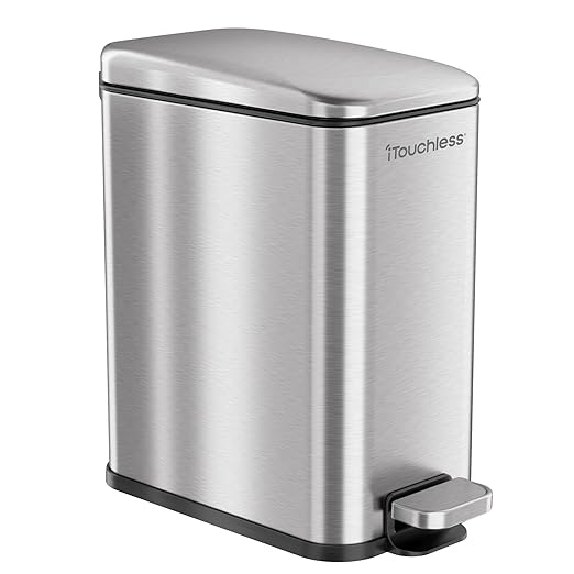 iTouchless SoftStep 1.3 Gallon Slim Bathroom Trash Can with Odor Filter and Removable Inner Bucket, Stainless Steel, 5 Liter Small Garbage Step Bin, Bathroom, Bedroom, Business, Home, Office Cubicle