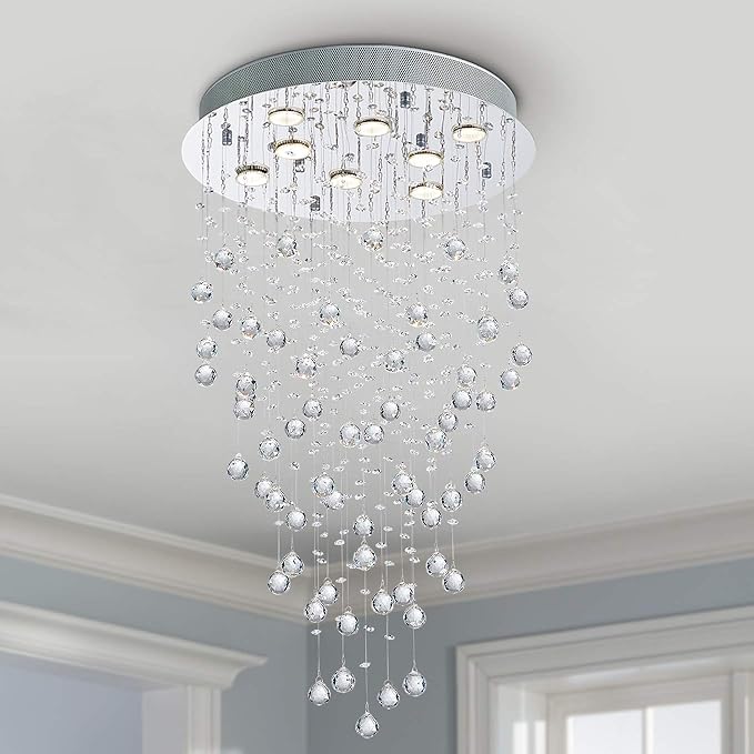 Bestier Modern Crystal Round Raindrop Chandelier Lighting Flush Mount LED Ceiling Light Fixture Pendant Lamp for Dining Room Bathroom Bedroom Livingroom 8 GU10 Bulbs Required 20 in Wide 34 inch High