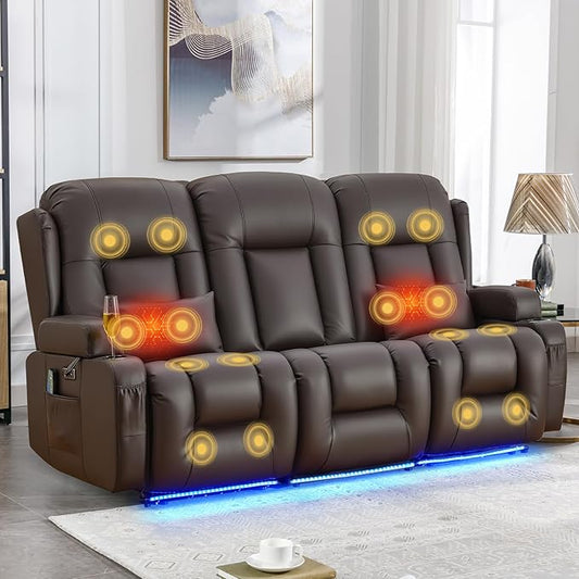 IPKIG Power Recliner Sofa with Flip-Up Backrest Console, USB & USB-C Ports, AC Outlet, LED Lights, Wall Hugger Recliners for Living Room, RV (Brown, 76.8" - 3 Seat) | Faux Leather, Zero Gravity, Dual Reclining, 2 Lumabr Pillow