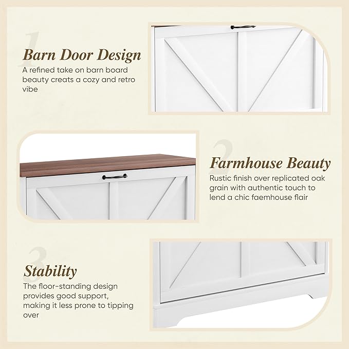Semiocthome Farmhouse Shoe Storage Cabinet with 2 Flip Drawers, 31.5"(W) Freestanding Shoe Organizer with Barn Door and Metal Handles for Entryway, Rustic Narrow Slim Shoe Rack Cabinet - White