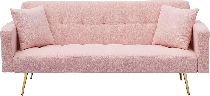 Teddy Fleece Upholstered Folding Futon Sofa Bed Convertible Sleeper Couch with 3 Adjustable Backrest, Recliner Loveseat Lounge Sofabed Daybed with Golden Metal Legs for Living Room Office