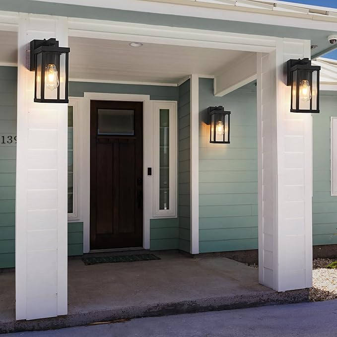 Dusk to Dawn Porch Lights with GFCI Outlets Waterproof Outdoor Wall Lights Exterior Lighting Fixtures Modern Outside Lights Wall Mount for House Patio Garage,Black,11.8''H, 2 PC