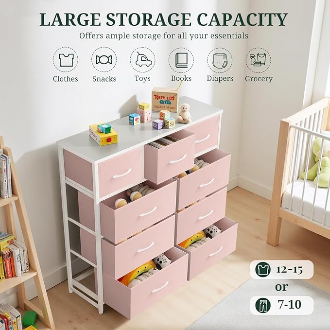 9-Drawer Dresser for Bedroom, Anti-Tip Tall Storage Organizer Chest of Drawers with Wooden Top and Metal Frame Fabric Bins for Closet, Living Room, Hallway, Entryway, Pink