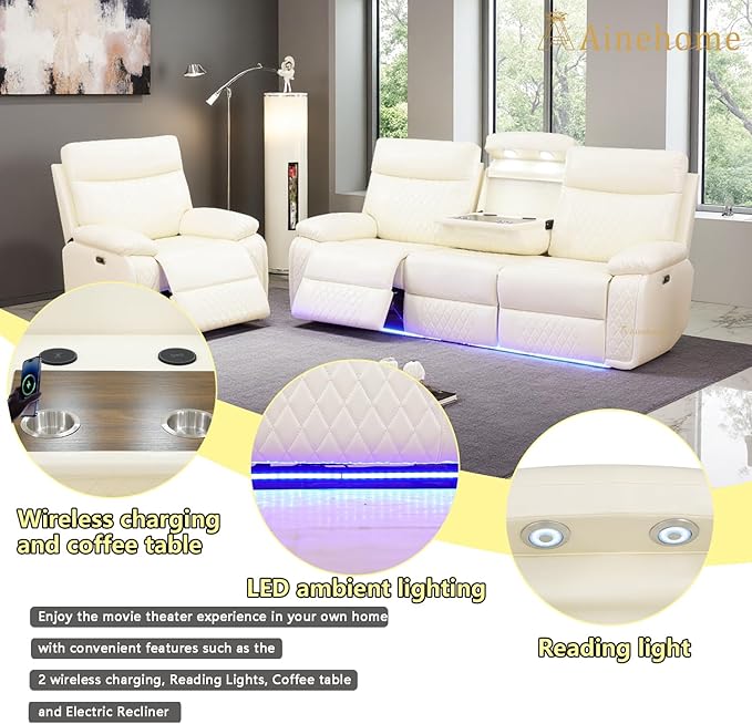 A Ainehome Power Leather Recliner Sofa Set with LED Lights, Recliner Sofa Sectional Couches for Living Room, Reclining Couch, Chair with USB Port/Storage Console