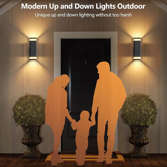 RAYVO Dusk to Dawn Outdoor Wall Lights 2 Pack, Modern Up and Down Exterior Lighting Fixtures with Sensor, Waterproof Aluminum Wall Sconce for Porch Garage Patio, LED Bulbs Included, Black Finish