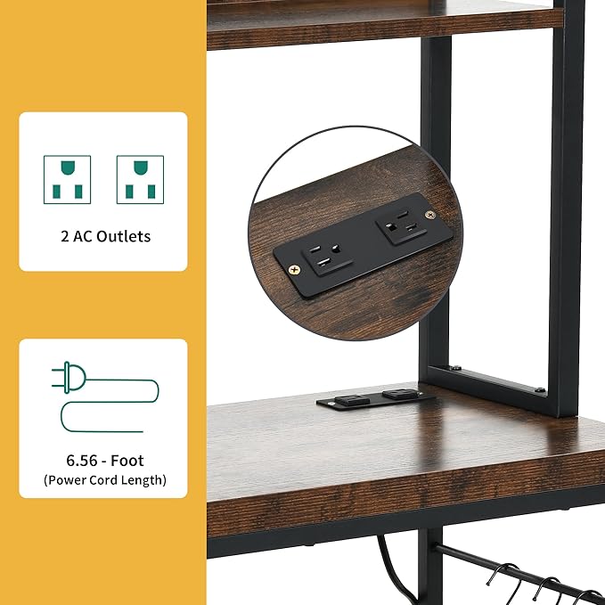 DWVO Large Bakers Rack with Power Outlets and Wine Rack, 5-Tier Microwave Stand with Glasses Holder, Coffee Bar Kitchen Storage Shelf with 6 Hooks, for Kitchen, Living Room, Office, Rustic Brown