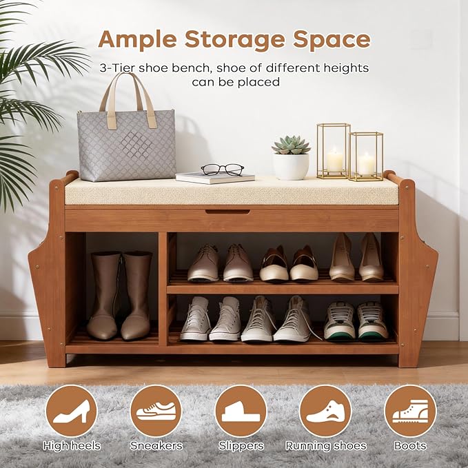 47.2in Shoe Bench Entryway - Bamboo Shoe Rack Bench with Storage, Shoe Rack Organizer with Cushion, 2 Side Holder, Holds Up tp 330lbs for Front Door Entrance, Living Room