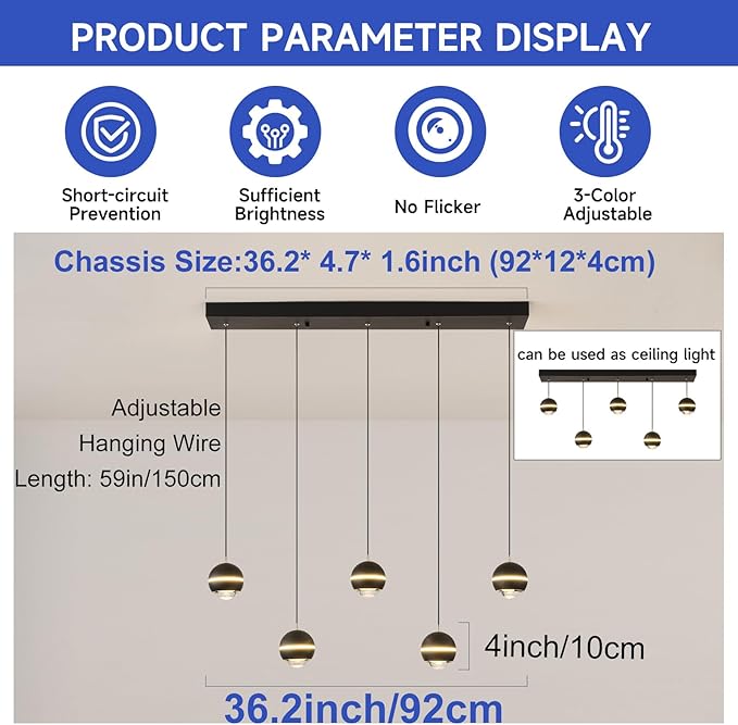 Modern LED Pendant Lights, Dimmable 36in Crystal Globe LED Chandelier Lighting, Black & Gold Dining Room Hanging Light Fixtures Kitchen Island Linear Pendant Light for Dining Table (3500lm)
