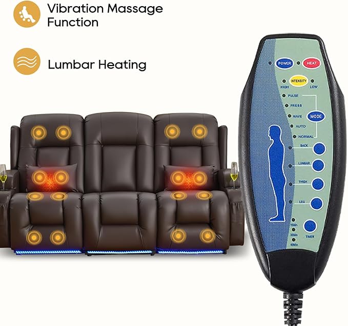 IPKIG Power Recliner Sofa with Flip-Up Backrest Console, USB & USB-C Ports, AC Outlet, LED Lights, Wall Hugger Recliners for Living Room, RV (Brown, 76.8" - 3 Seat) | Faux Leather, Zero Gravity, Dual Reclining, 2 Lumabr Pillow