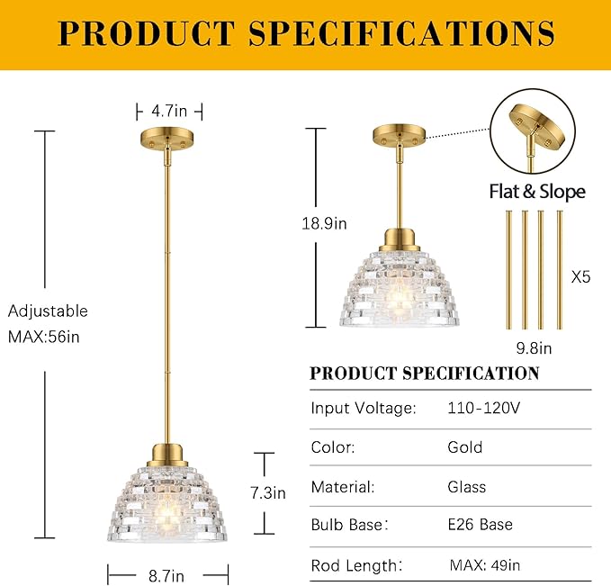 3 Pack Glass Pendant Lights Kitchen Island 8.7 Inches Modern Gold Glass Pendant Light Fixtures Brass Hanging Lighting for Kitchen Over Sink Dining Room Bedroom E26