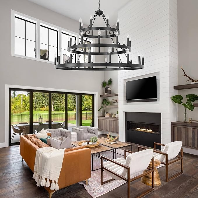 48 Inch Extra Large Black Wagon Wheel Chandelier, 3 Tier 36-Lights Farmhouse Pendant Light Fixture, Horse Wheel Lamp for High Ceiling Living Room, Dining Room, Hall, Porch, Stairs, Entrance, Passage