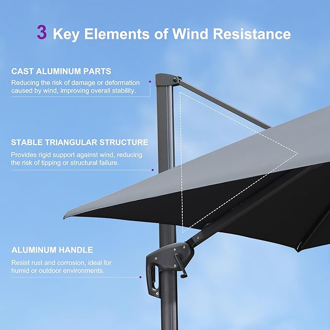 PURPLE LEAF 10' X 13' Cantilever Patio Umbrella with Base 360° Rotation & 6-Level Tilt Heavy Duty Aluminum Frame Fade-Resistant Double Top Offset Umbrella for Backyard Poolside & Outdoor Dining Grey
