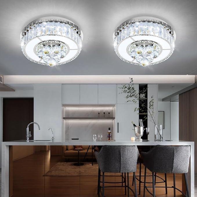 11.8'' Silver Modern Crystal Chandeliers for Dining Room LED Dimmable Light Fixtures Flush Mount Light Living Room Bedrooms