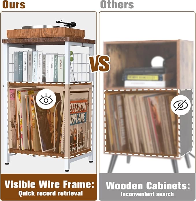 Record Player Stand, 3 Tier End Table with Double Layer Iron Wire Mesh Turntable Vinyl Record Stand Storage Up to 100 Albums, Nightstand Small Side Tables for Living Room Bedroom, White