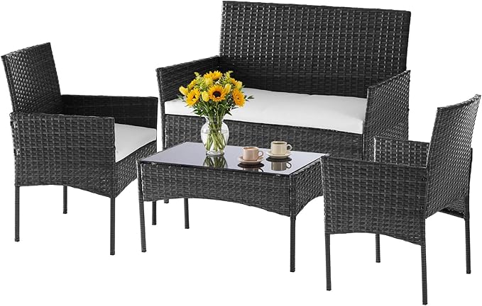 DUMOS 4 Piece Patio Furniture Set, All-Weather Outdoor Wicker Conversation Set with Removable Cushions & Tempered Glass Coffee Table, for Porch, Balcony, Lawn, Backyard, Black