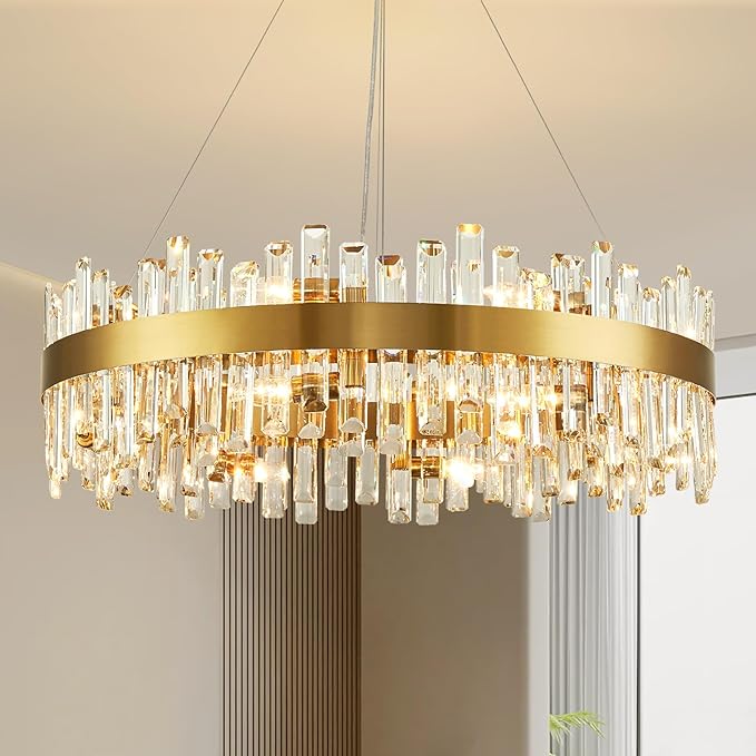CROSSIO 16-Light Modern Crystal Chandelier, Large Gold Round 2-Tiers K9 Crystal Chandelier, Luxury Flush Mount Crystal Pendant Ceiling Light for Dining Living Room Entryway Foyer D31.5''