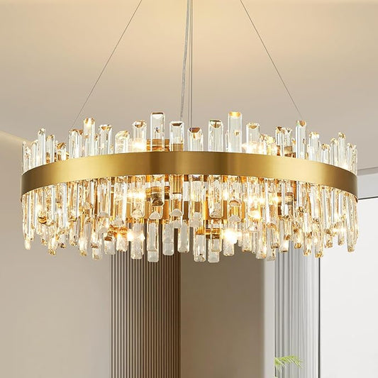 CROSSIO 16-Light Modern Crystal Chandelier, Large Gold Round 2-Tiers K9 Crystal Chandelier, Luxury Flush Mount Crystal Pendant Ceiling Light for Dining Living Room Entryway Foyer D31.5''
