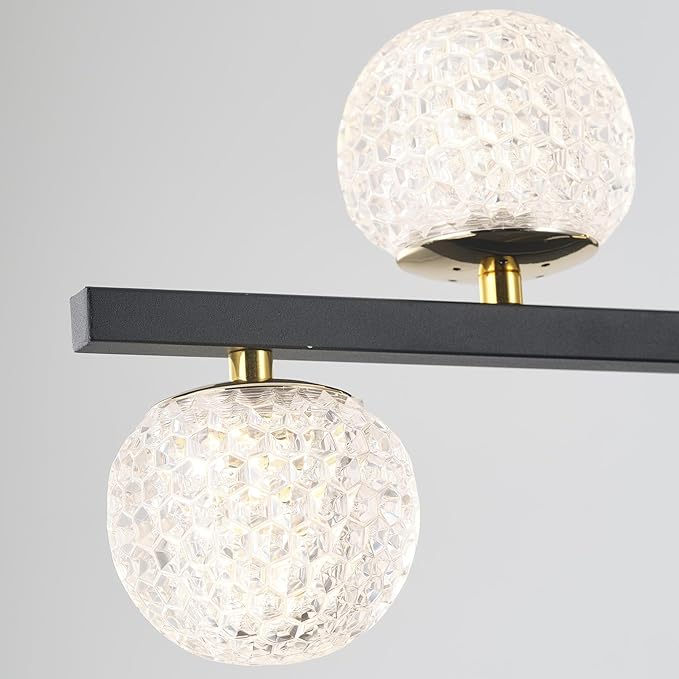 Modern Black Gold Chandeliers for Dining Room, 47in Dimmable LED Chandelier Linear Pendant Light for Kitchen Island, Upgraded 6 Globe Hanging Pendant Chandelier Lighting (2 Rings, 4200lm)