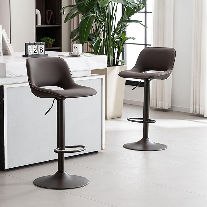 YOUNIKE Bar Stools Set of 2 Modern Swivel Barstools, Compact Adjustable Counter Height Bar Stools Faux Leather Upholstered Counter Stools with Hollow Back for Kitchen Island, Brown