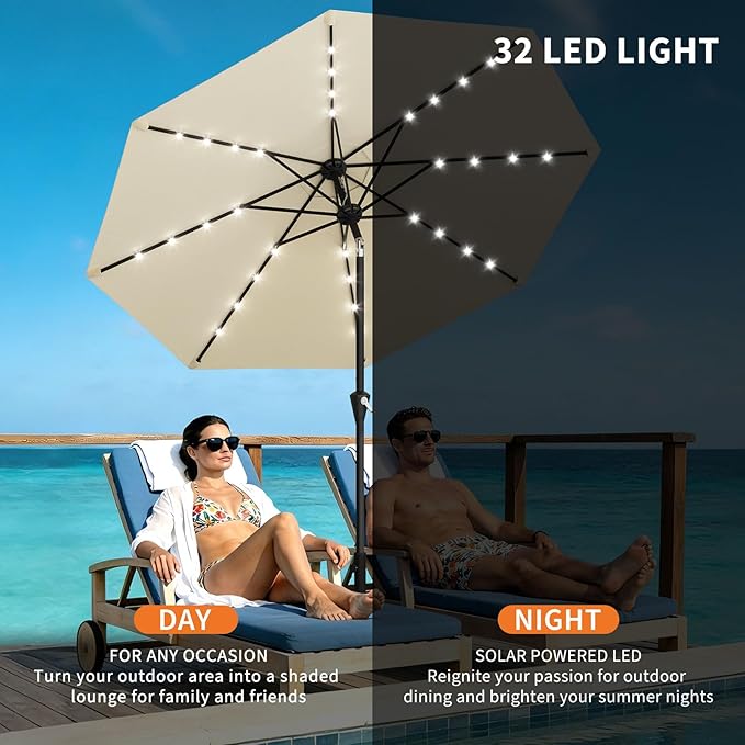 Garvee 10FT Solar Patio Umbrella with 32 LED Lights - Outdoor Table Umbrella with Crank Lift, Push Button Tilt and 8 Sturdy Ribs - Market Umbrella UV Protection for Pool, Deck, Yard, Garden -Beige