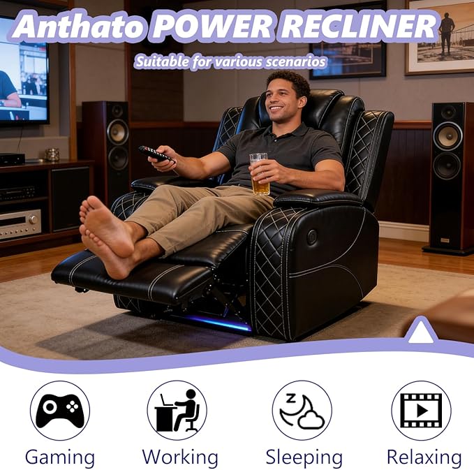 Power Leather Recliner Sofa Chair, Living Room Furniture Sets, Breathing Leather Reclining Couch Chair, Single Black Recliner with Padded Arm/Charging Port/LED for Home Theater/Office, Black