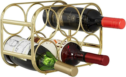 Buruis 6-Bottle Wine Rack, Modern Metal Countertop Wine Holder Stand for Kitchen, Pantry & Cabinet Storage, No Assembly Required, Gold
