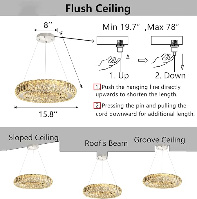 Modern Chandelier Crystal LED Dimmable Ring Pendant Lights Adjustable Hanging Lighting Chandeliers Fixtures for Dining Room Bedroom Kitchen Island Table Silver Light