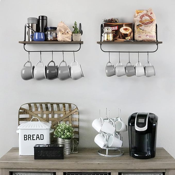 Olakee Coffee Mug Cup Holder Wall Mount, Floating Wall Shelves for Coffee Bar Organizer and Decor, Mug Rack Shelf with 10 Hooks for Kitchen Bathroom Accessories Storage Set of 2 (Weathered Grey)